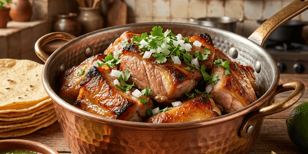 Authentic golden-brown Mexican Carnitas in a traditional copper pot