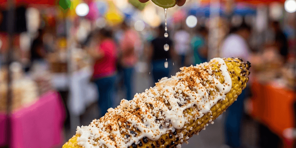Close-up of a grilled Mexican street corn slathered in cream and cheese