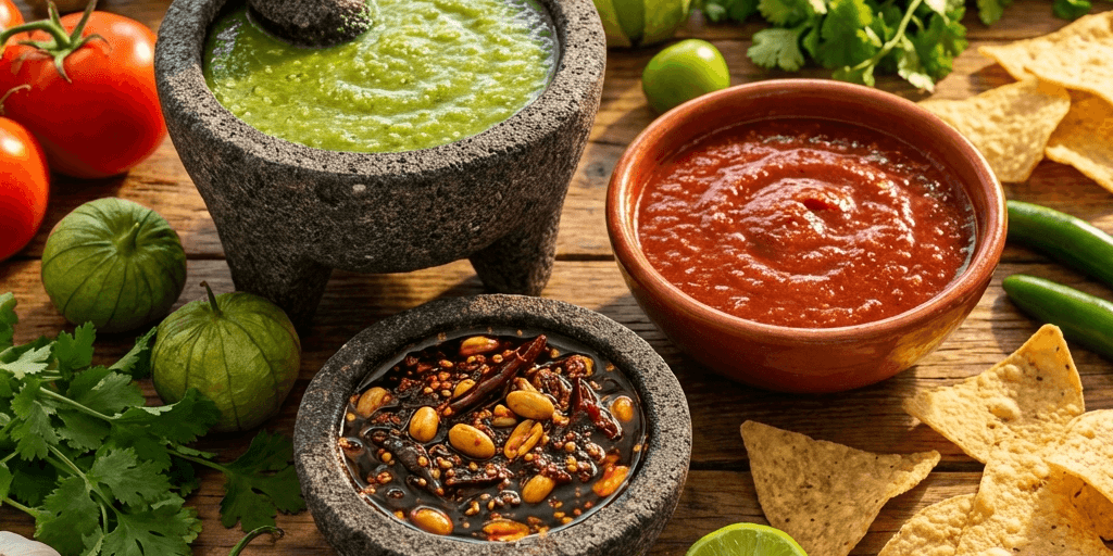 Variations of authentic Mexican salsas including red, green, macha and fresh pico de gallo